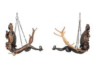 A Pair of Painted Wood and Antler-Mounted Lusterweibchen Chandeliers