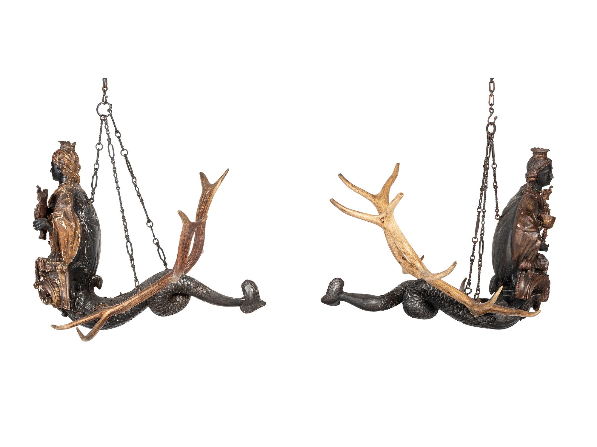 A Pair of Painted Wood and Antler-Mounted Lusterweibchen Chandeliers