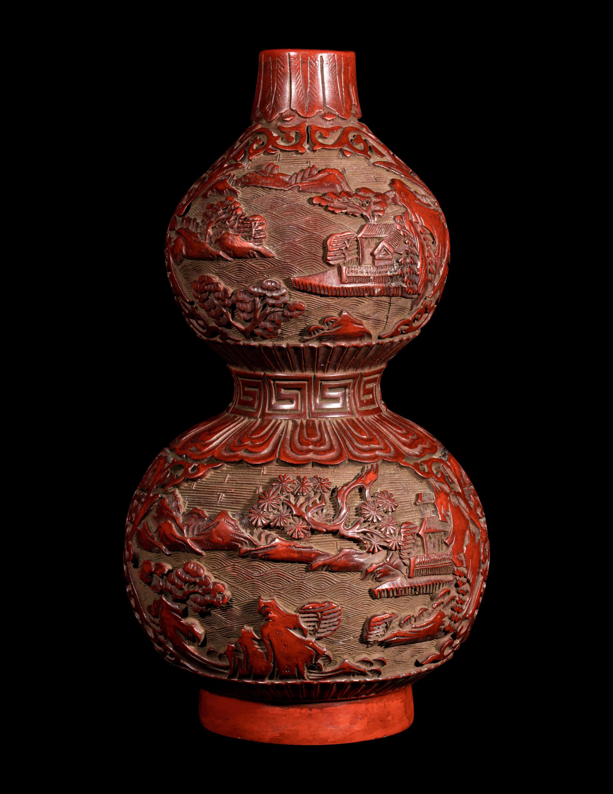 A Chinese Cinnabar Lacquer Gourd-form 'Landscapes' Vase