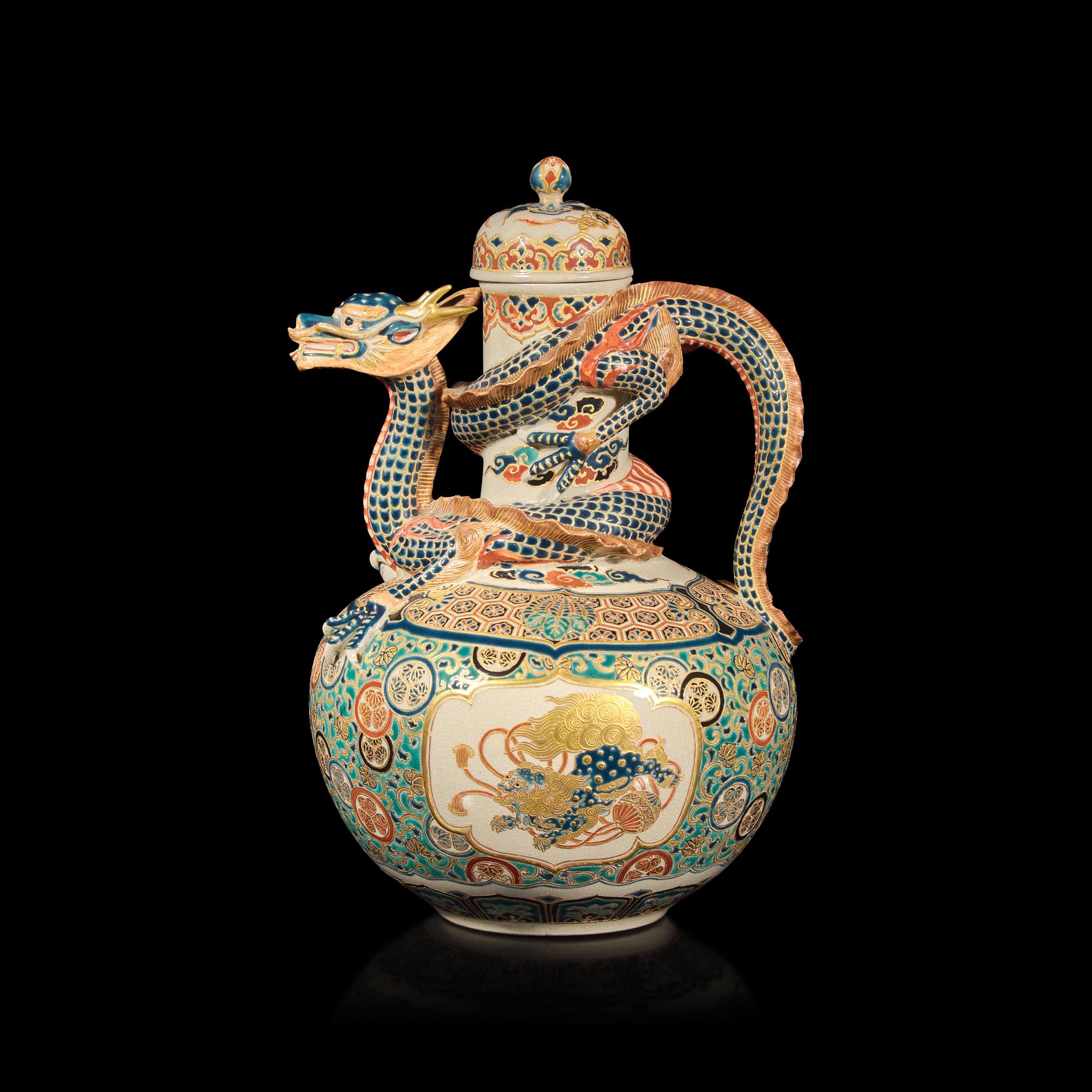 A Japanese "Gosu" Blue Decorated Satsuma-Type "Dragon" Ewer, Signed, Meiji Period