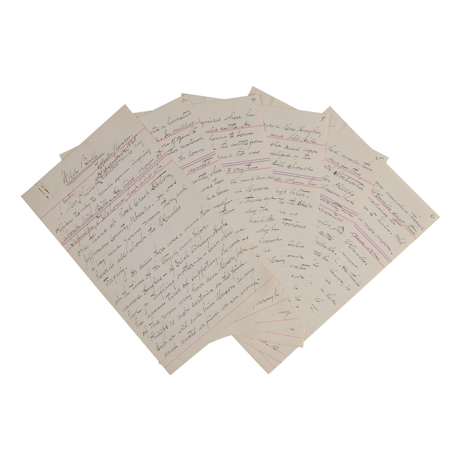 [Old West] Autograph Notes on "Wild Bill" Hickok and the McCanles Gang, by Historian William E. Connelley, 1925