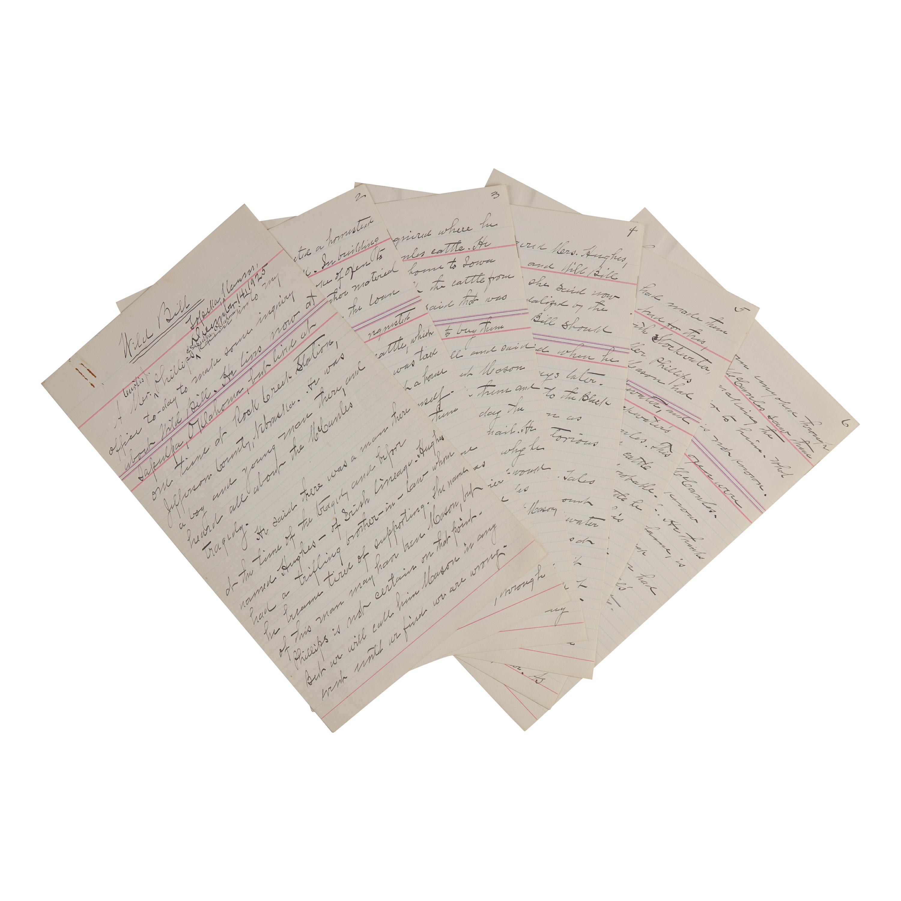 *[Old West] Autograph Notes on "Wild Bill" Hickok and the McCanles Gang, by Historian William E. Connelley, 1925