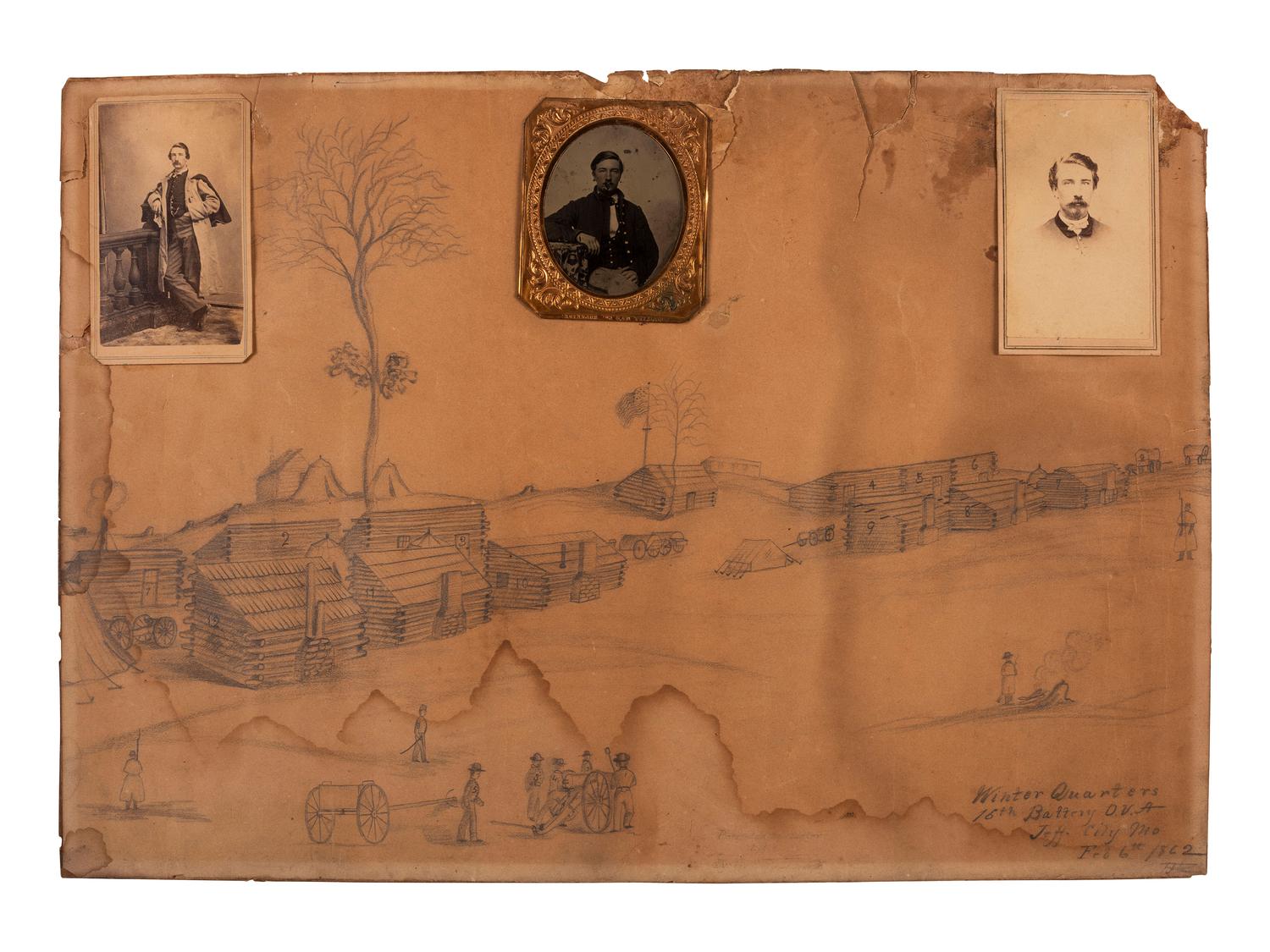 [CIVIL WAR] 16th OH Battery Archive, incl. hand-drawn camp scene, escutcheon, war-date diary, CDVs.