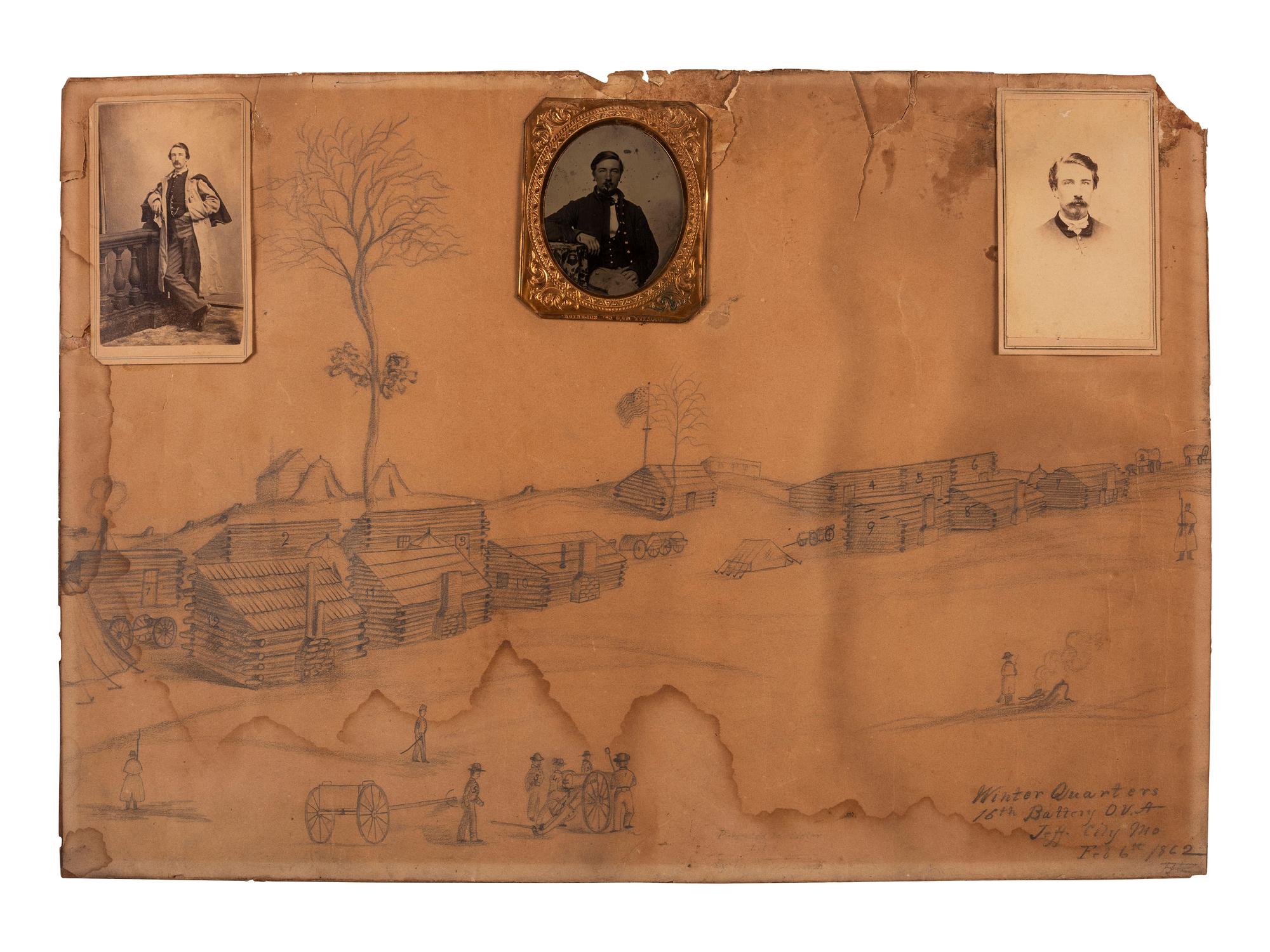 [CIVIL WAR] 16th OH Battery Archive, incl. hand-drawn camp scene, escutcheon, war-date diary, CDVs.