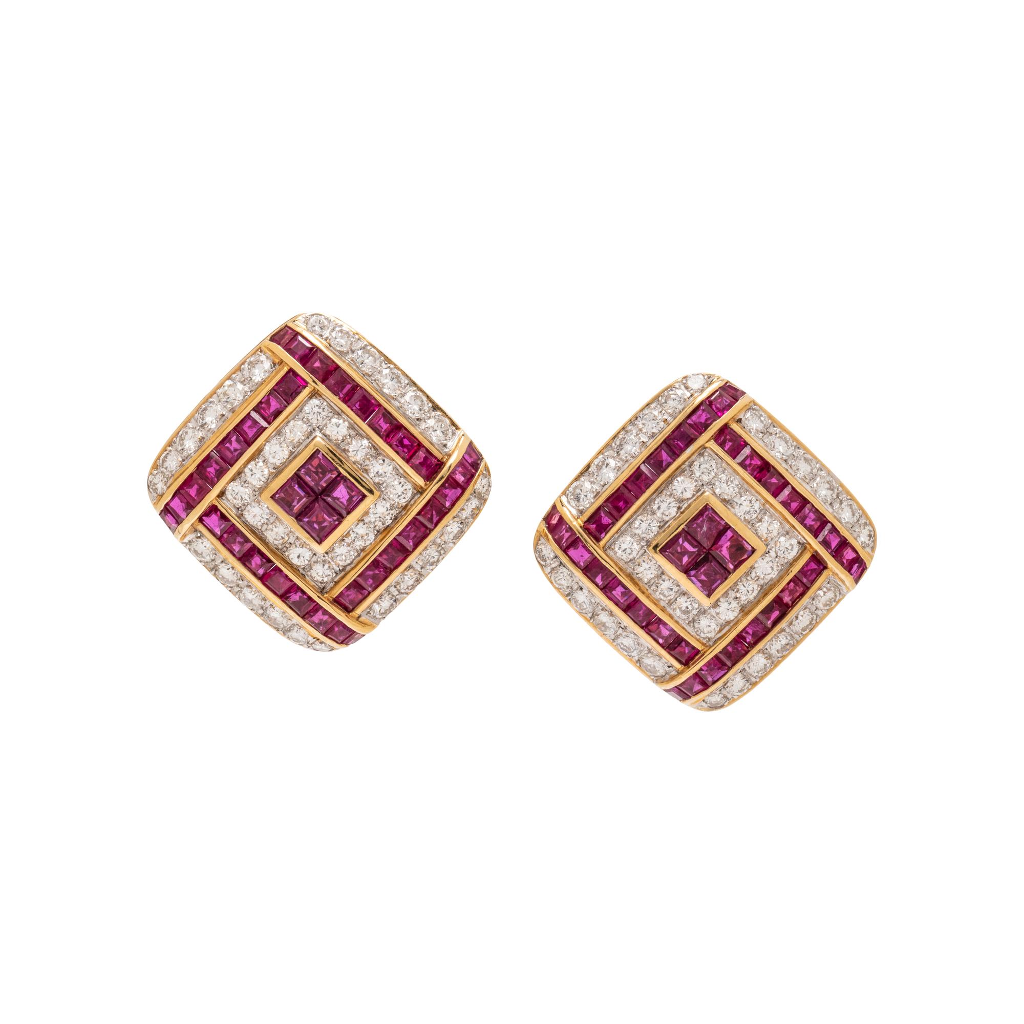 BICOLOR GOLD, DIAMOND, AND RUBY EARRINGS