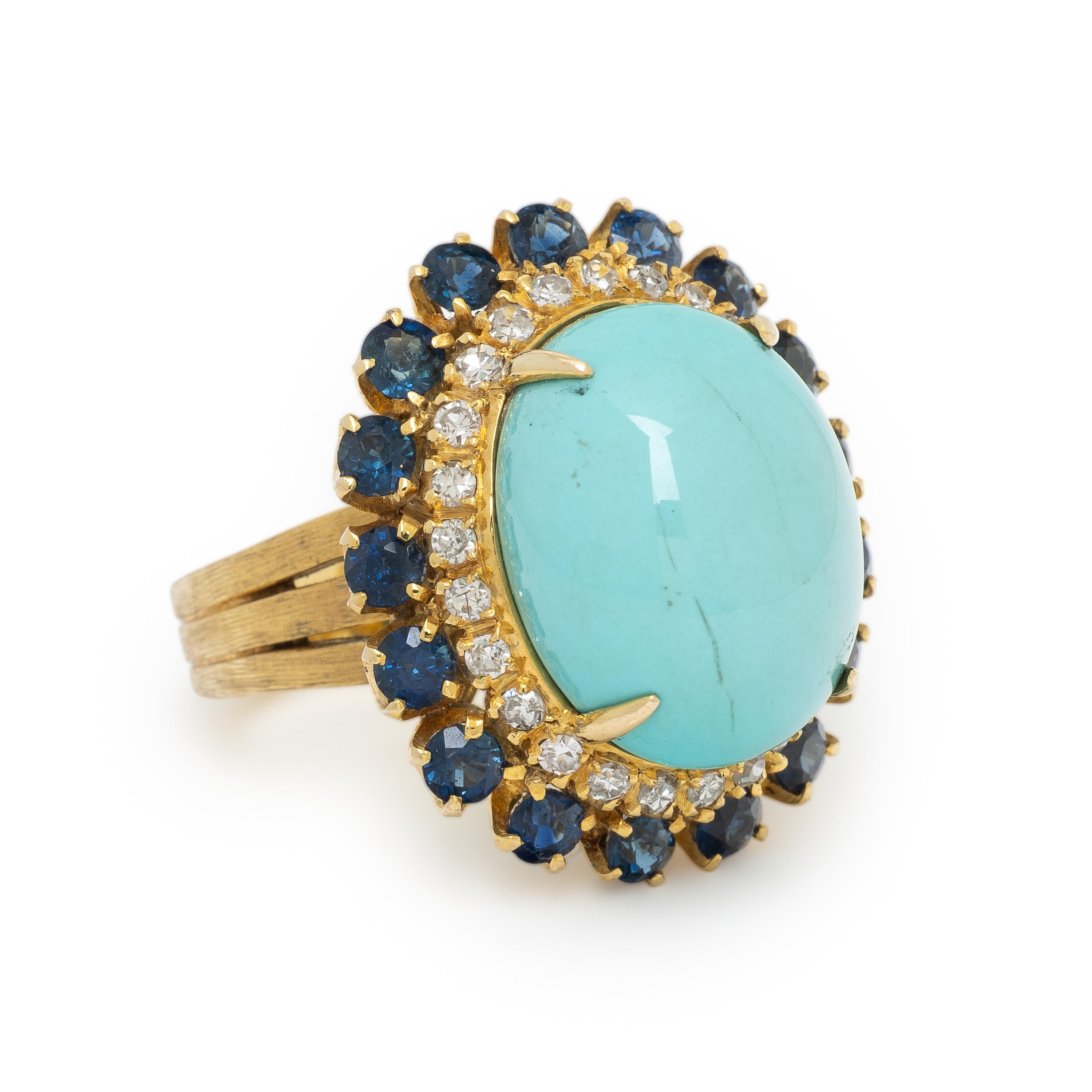 TURQUOISE, SAPPHIRE, DIAMOND, AND YELLOW GOLD RING