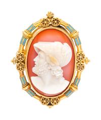 An Etruscan Revival Yellow Gold, Agate Cameo and Polychrome Enamel Brooch, 15.00 dwts.