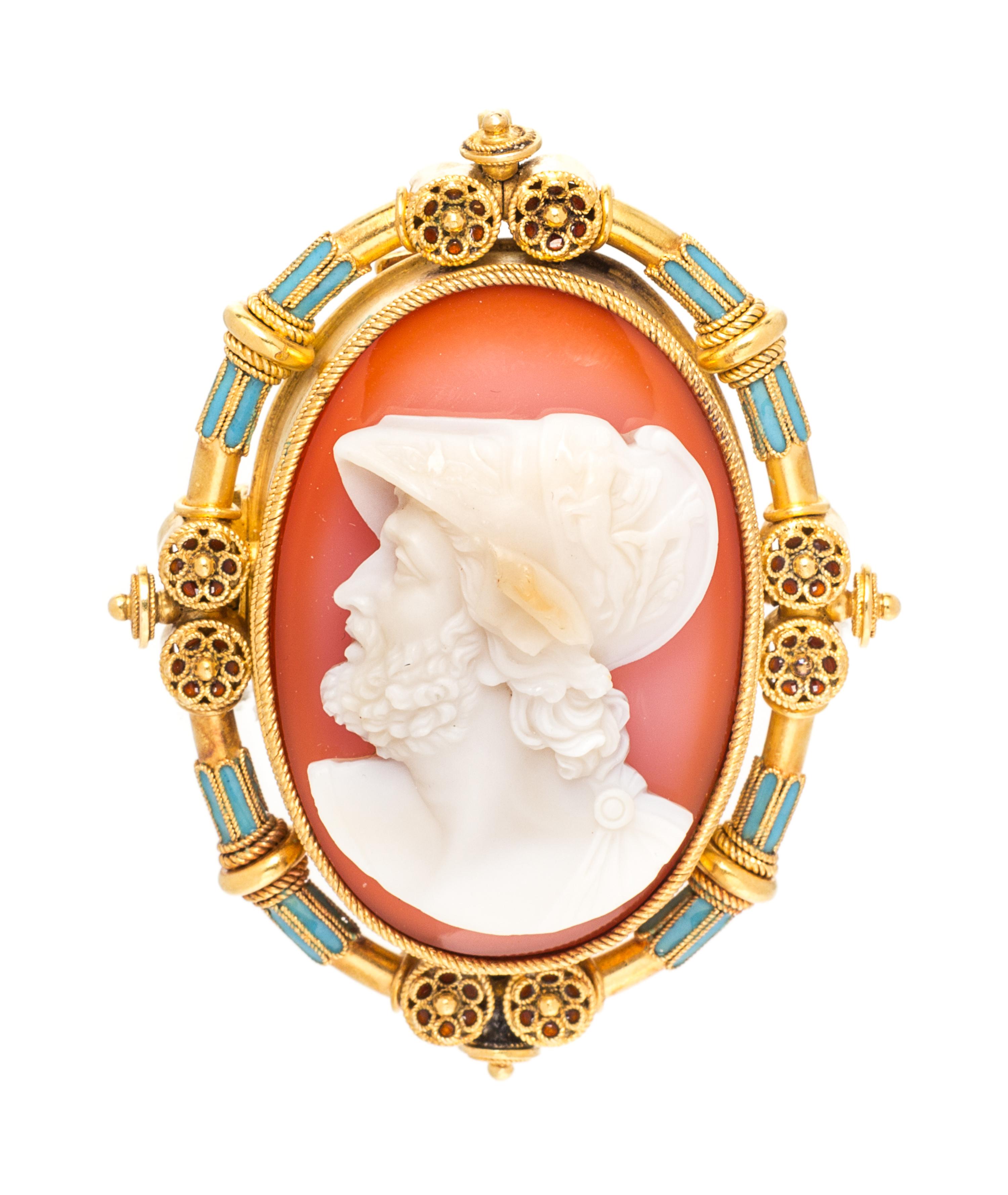 An Etruscan Revival Yellow Gold, Agate Cameo and Polychrome Enamel Brooch, 15.00 dwts.