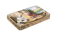 An Austrian Enameled Silver-Gilt Box, 19th/20th Century, of rectangular form, the hinged lid decorated with figures and sheep in a land