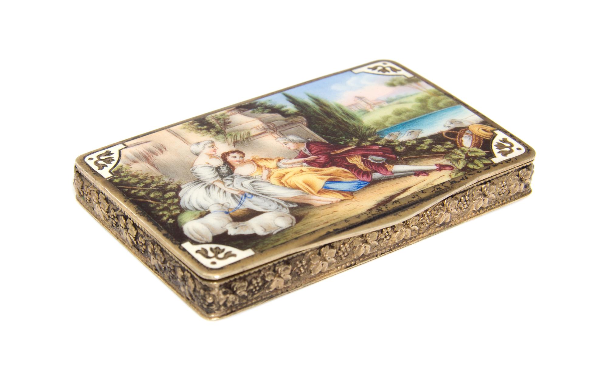An Austrian Enameled Silver-Gilt Box, 19th/20th Century, of rectangular form, the hinged lid decorated with figures and sheep in a land