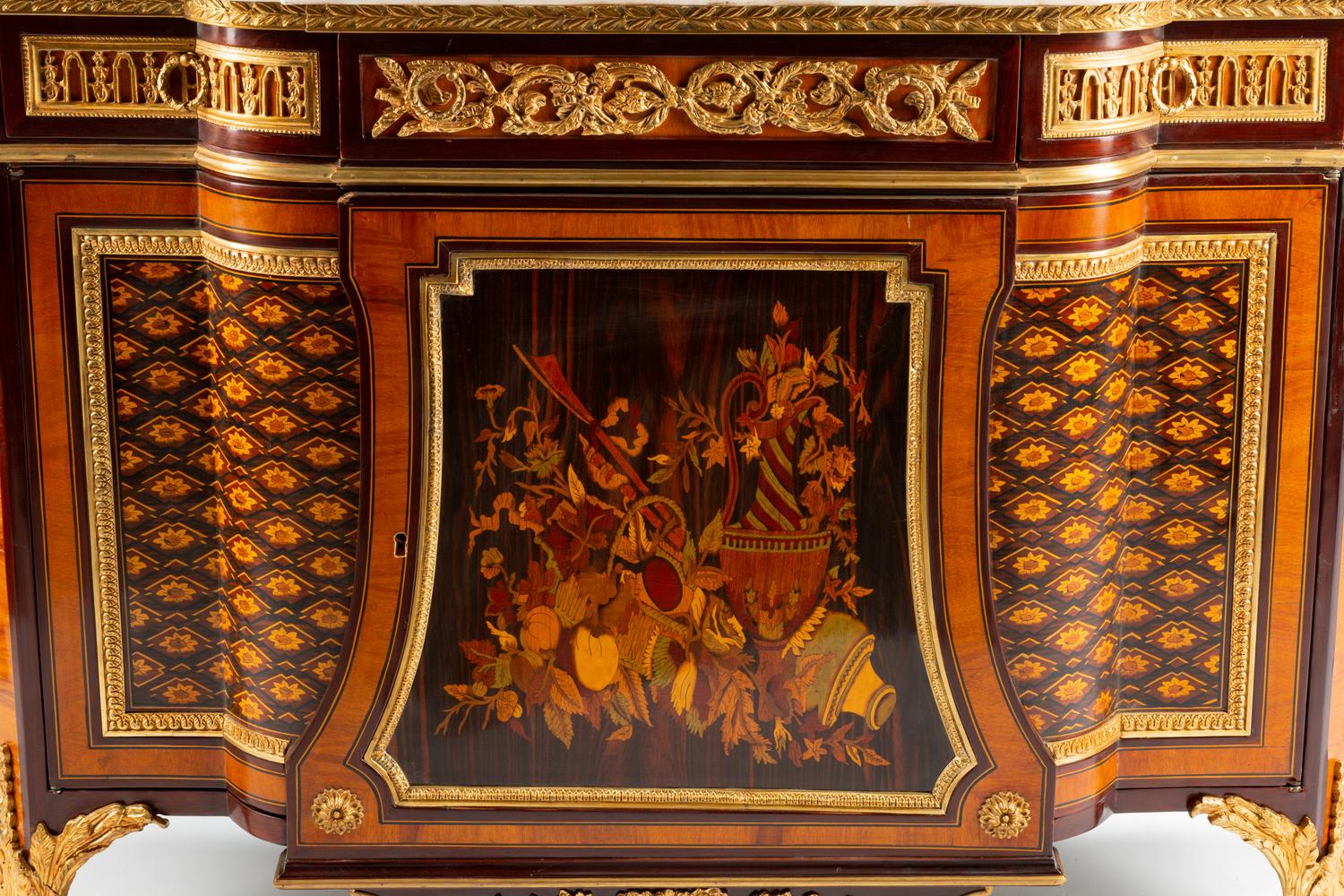 A Louis XVI Style Gilt Bronze Mounted Marquetry Marble-Top Cabinet