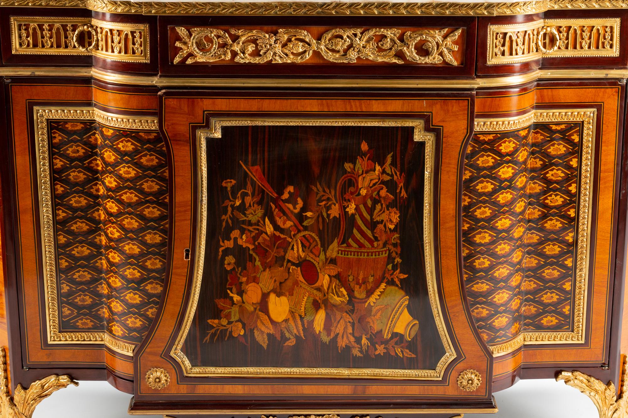 A Louis XVI Style Gilt Bronze Mounted Marquetry Marble-Top Cabinet