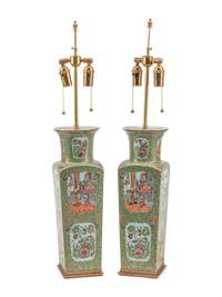 A Pair of Rose Medallion Porcelain Vases Mounted as Lamps