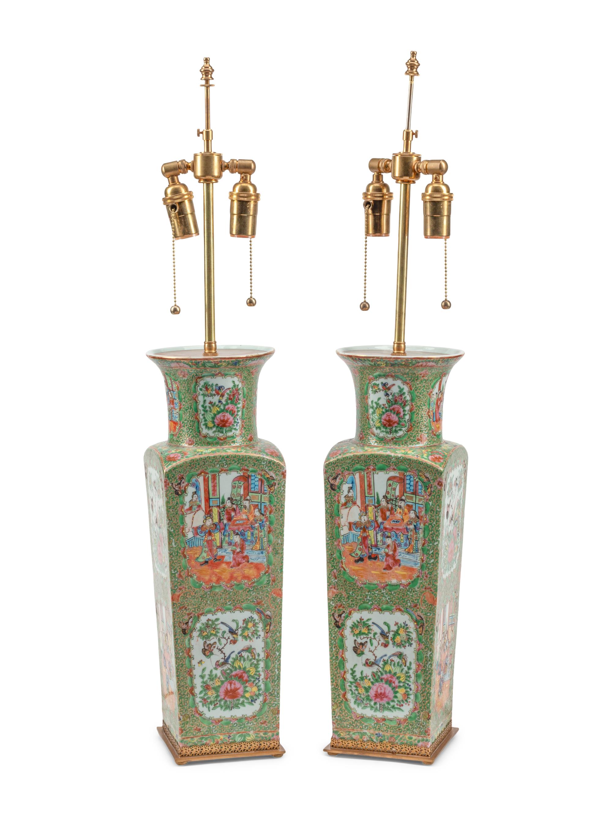 A Pair of Rose Medallion Porcelain Vases Mounted as Lamps