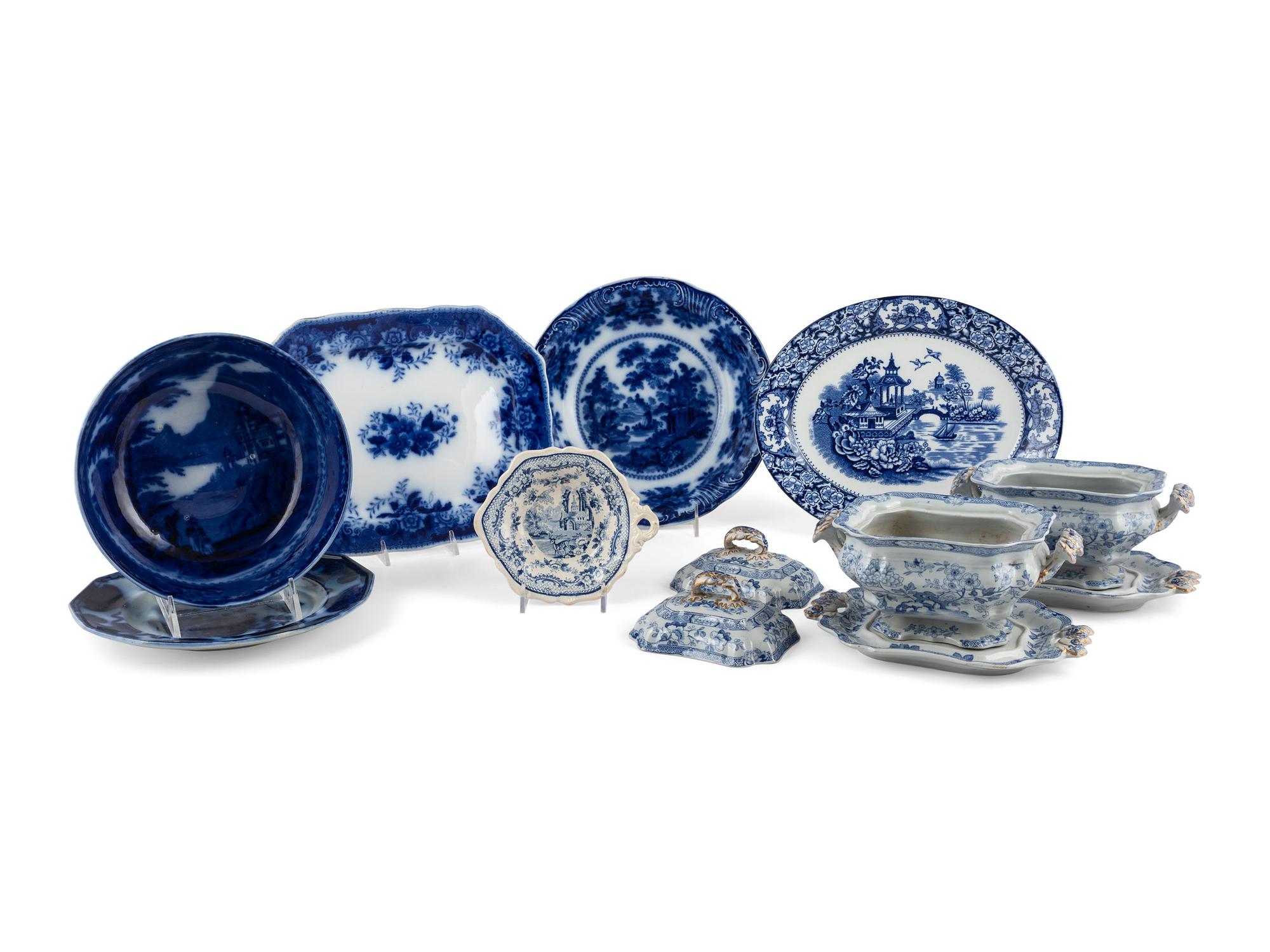 A Group of Flow Blue and Transferware Table Articles