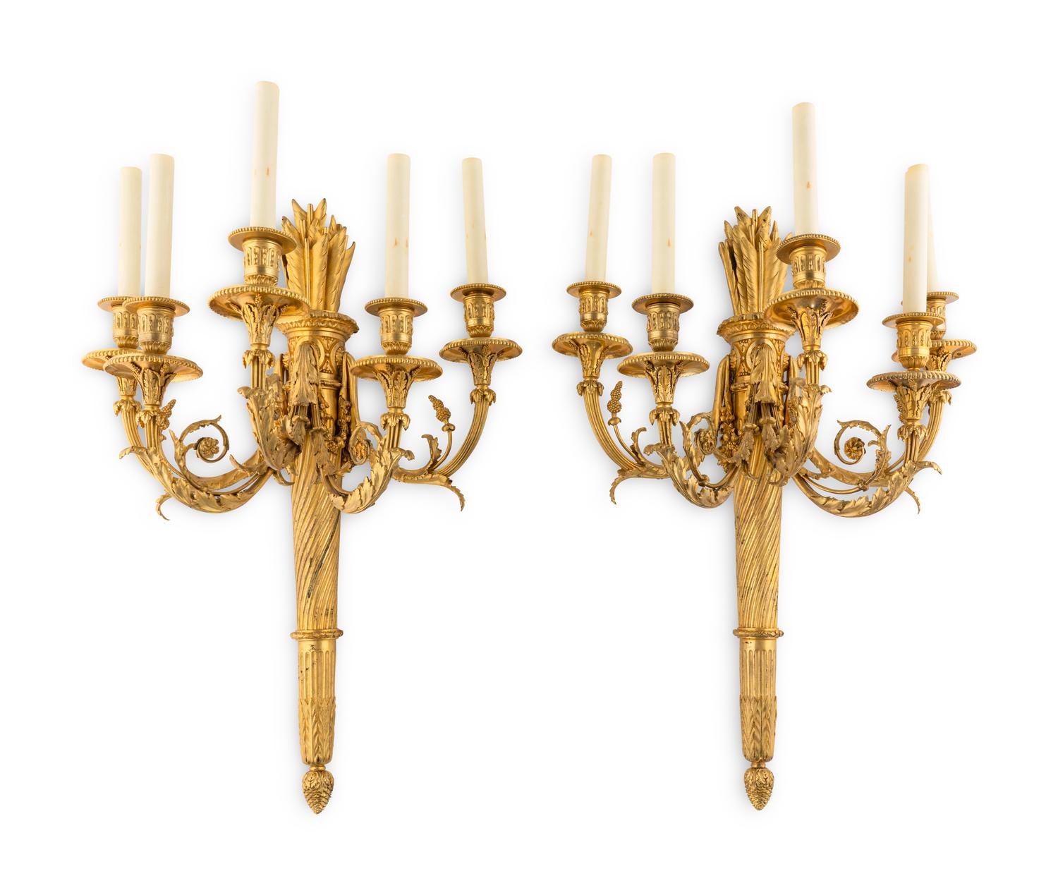 A Pair of Louis XVI Style Gilt Bronze Five-Light Wall Lights