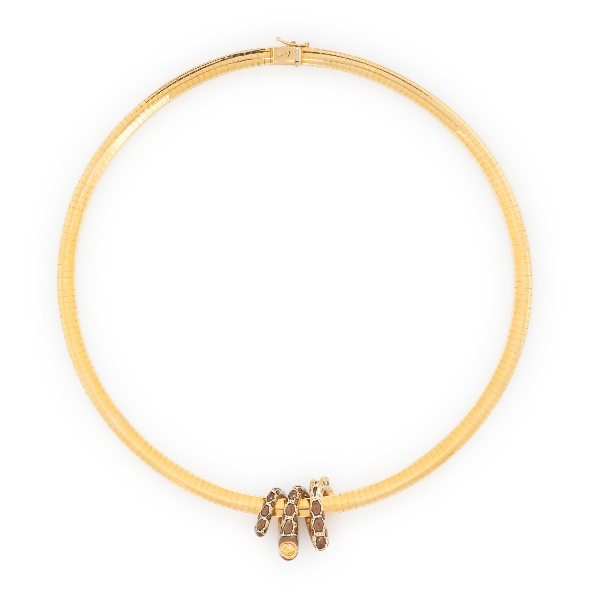 YELLOW GOLD OMEGA NECKLACE WITH SNAKE SLIDE CHARM