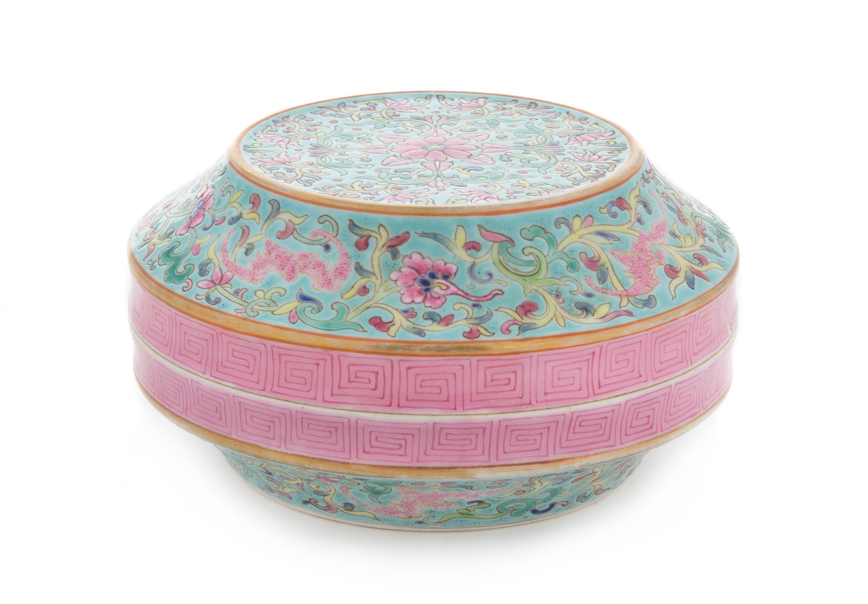 A Famille Rose Porcelain Box and Cover Diameter 5 inches.