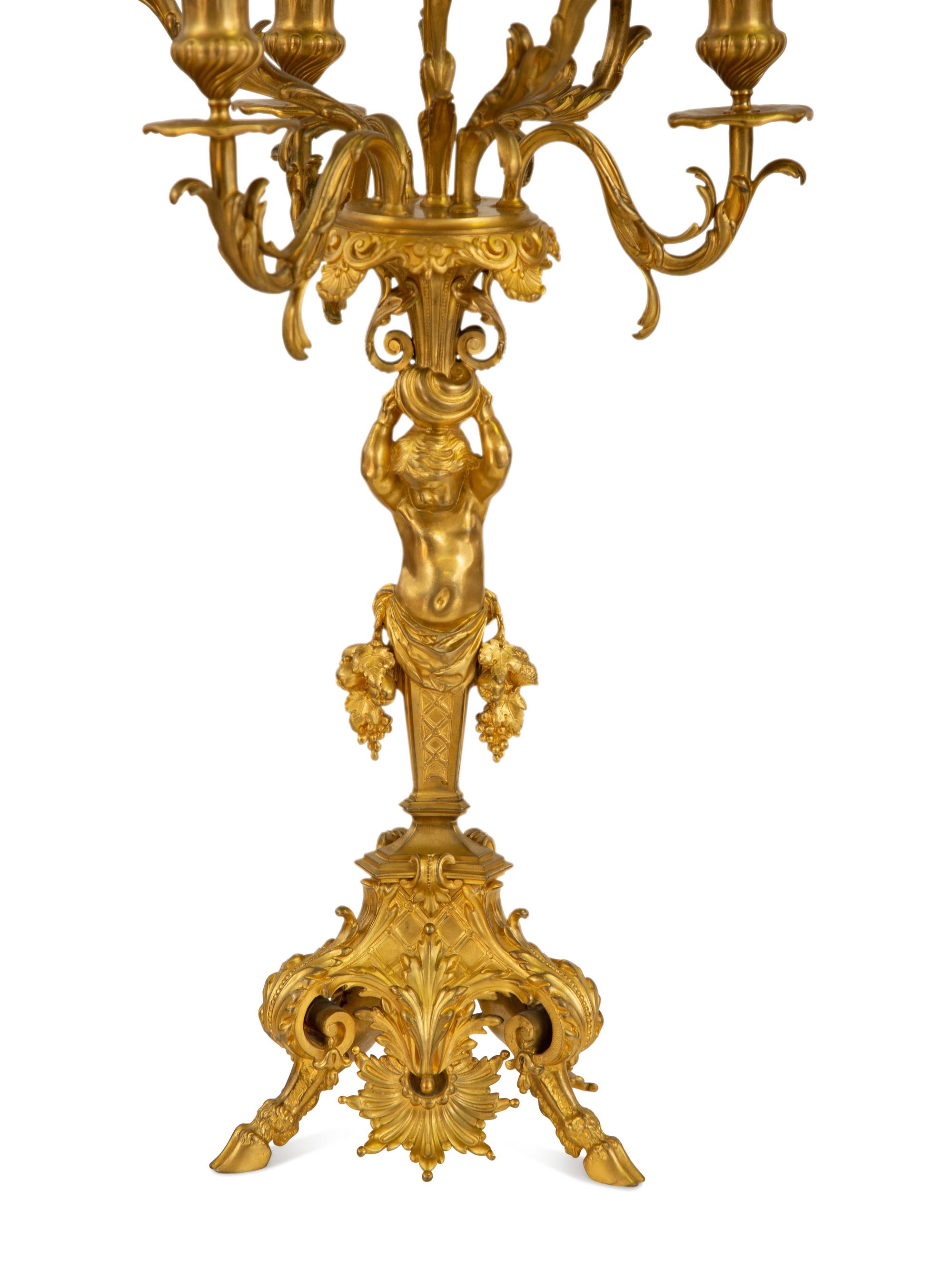 A Pair of Gilt Bronze Figural Seven-Light Candelabra