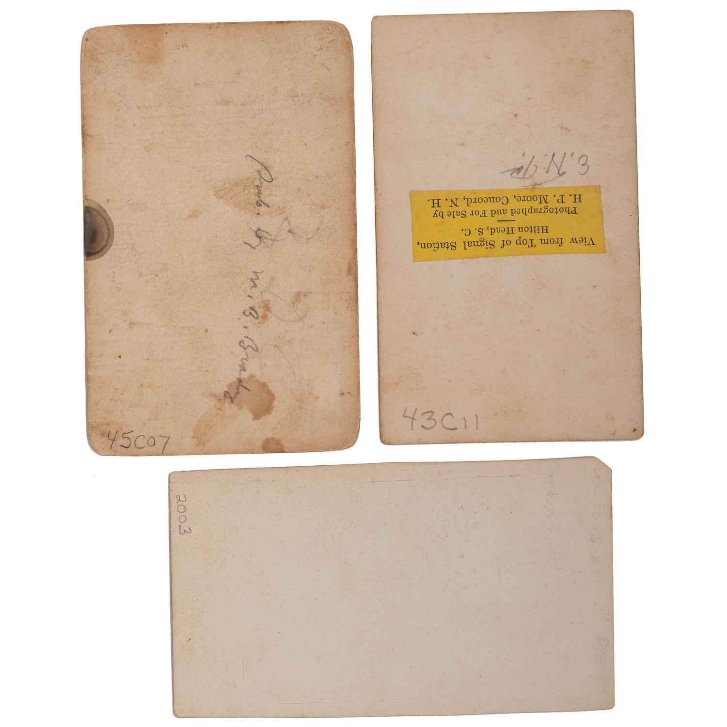 [CIVIL WAR]. A group of 3 CDVs featuring outdoor scenes, incl. View from Top of Signal Station, Hilton Head, South Carolina . Concord, NH: H.P. Moore, [1860s].