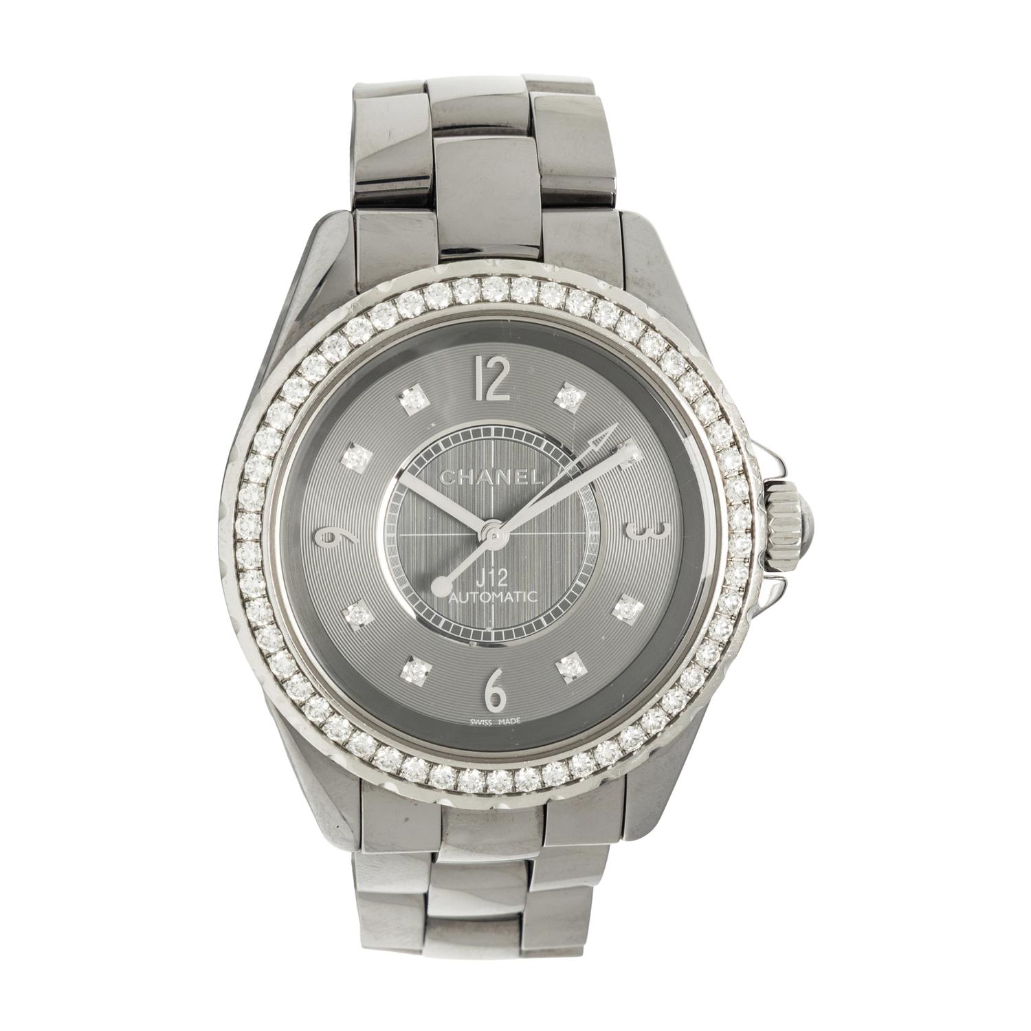 CHANEL, 'J12' CERAMIC AND DIAMOND WATCH, BOX & EXTRA LINKS