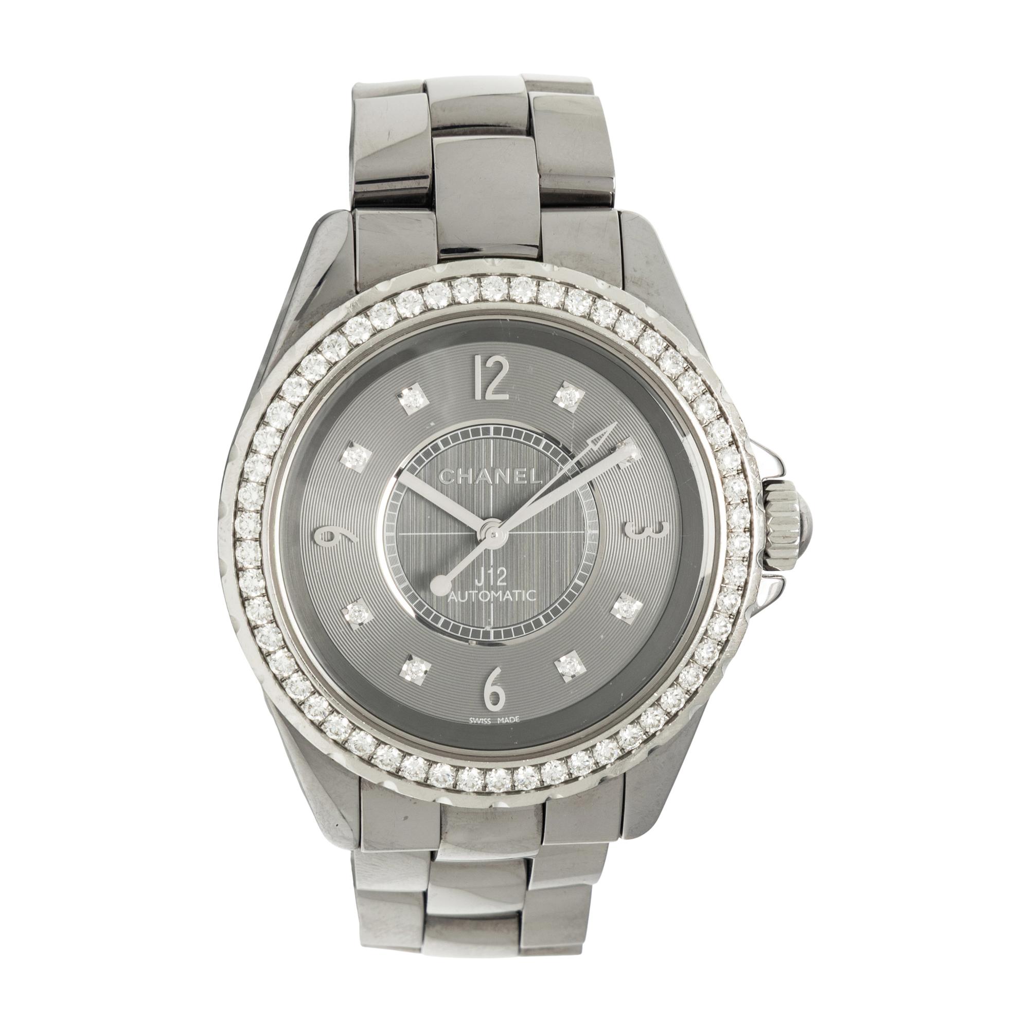 CHANEL, 'J12' CERAMIC AND DIAMOND WATCH, BOX & EXTRA LINKS