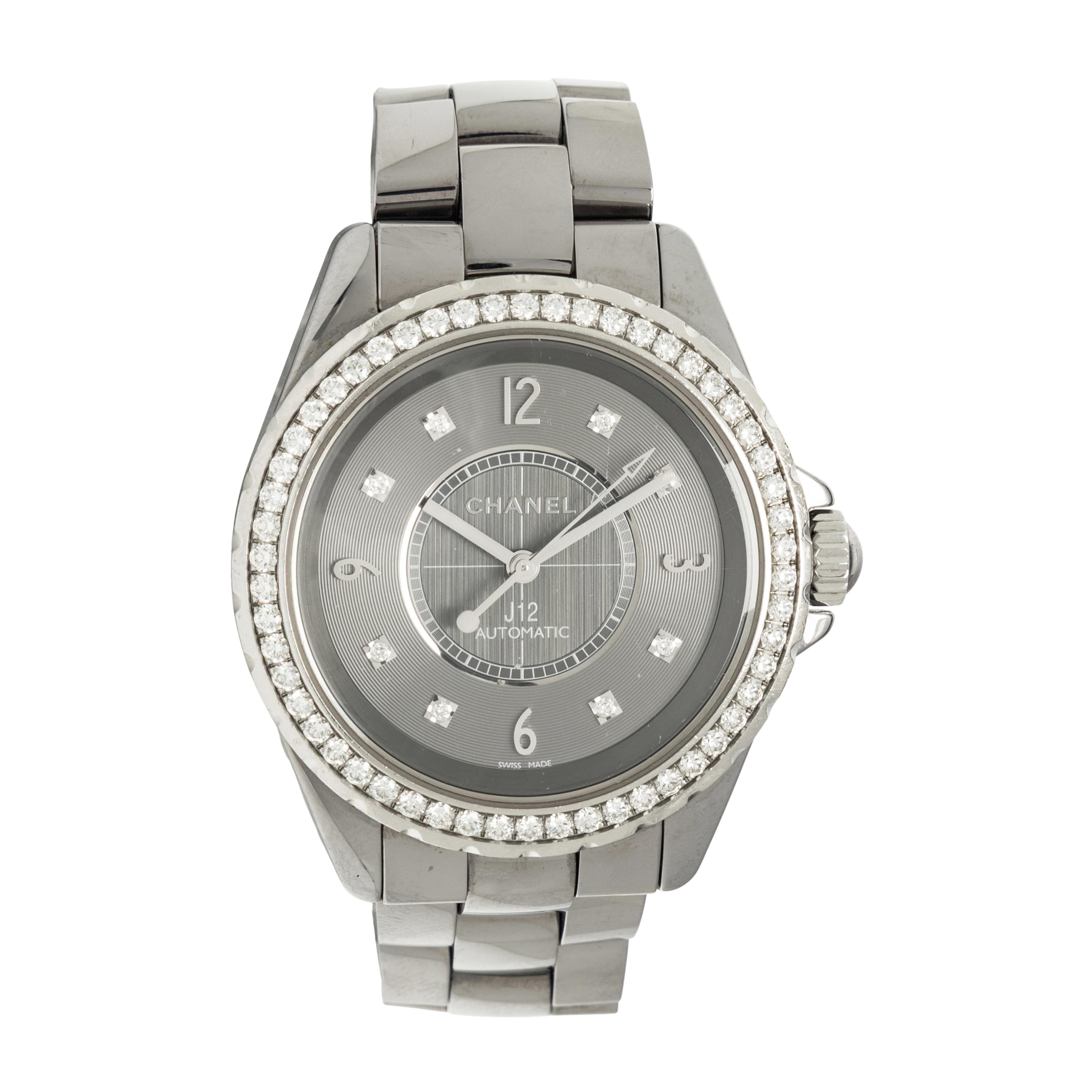 CHANEL, 'J12' CERAMIC AND DIAMOND WATCH, BOX & EXTRA LINKS