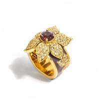 BARRY KRONEN, YELLOW GOLD, DIAMOND, AMETHYST, AND ENAMEL FLOWER RING