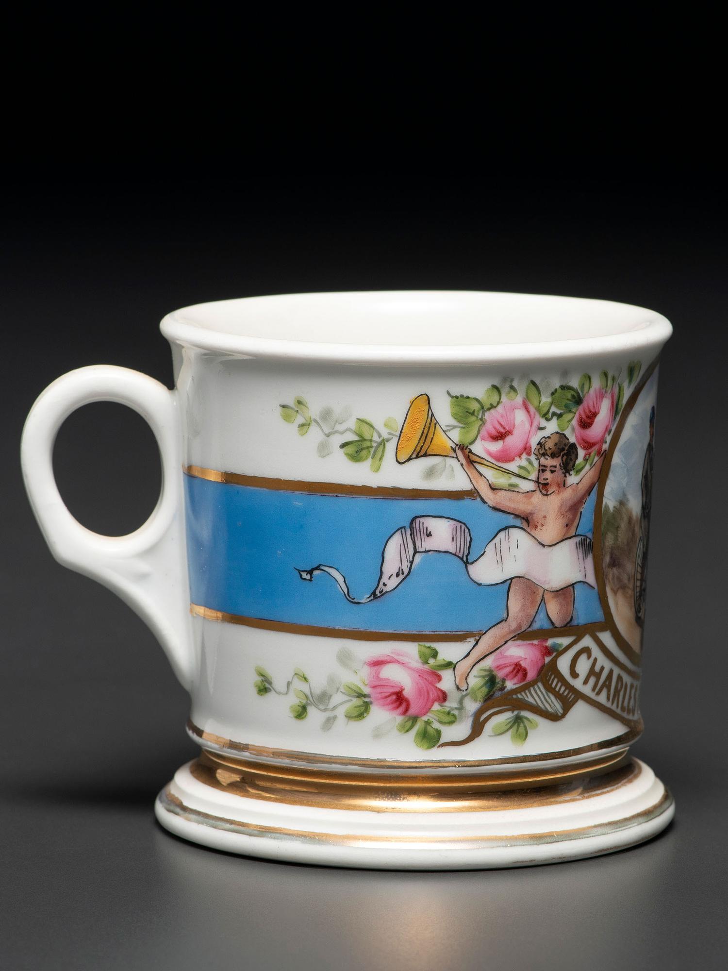 A Porcelain Shaving Mug Depicting a Tandem Bicycle, Possibly Belonging to Charles and Anna Kohlmeyer