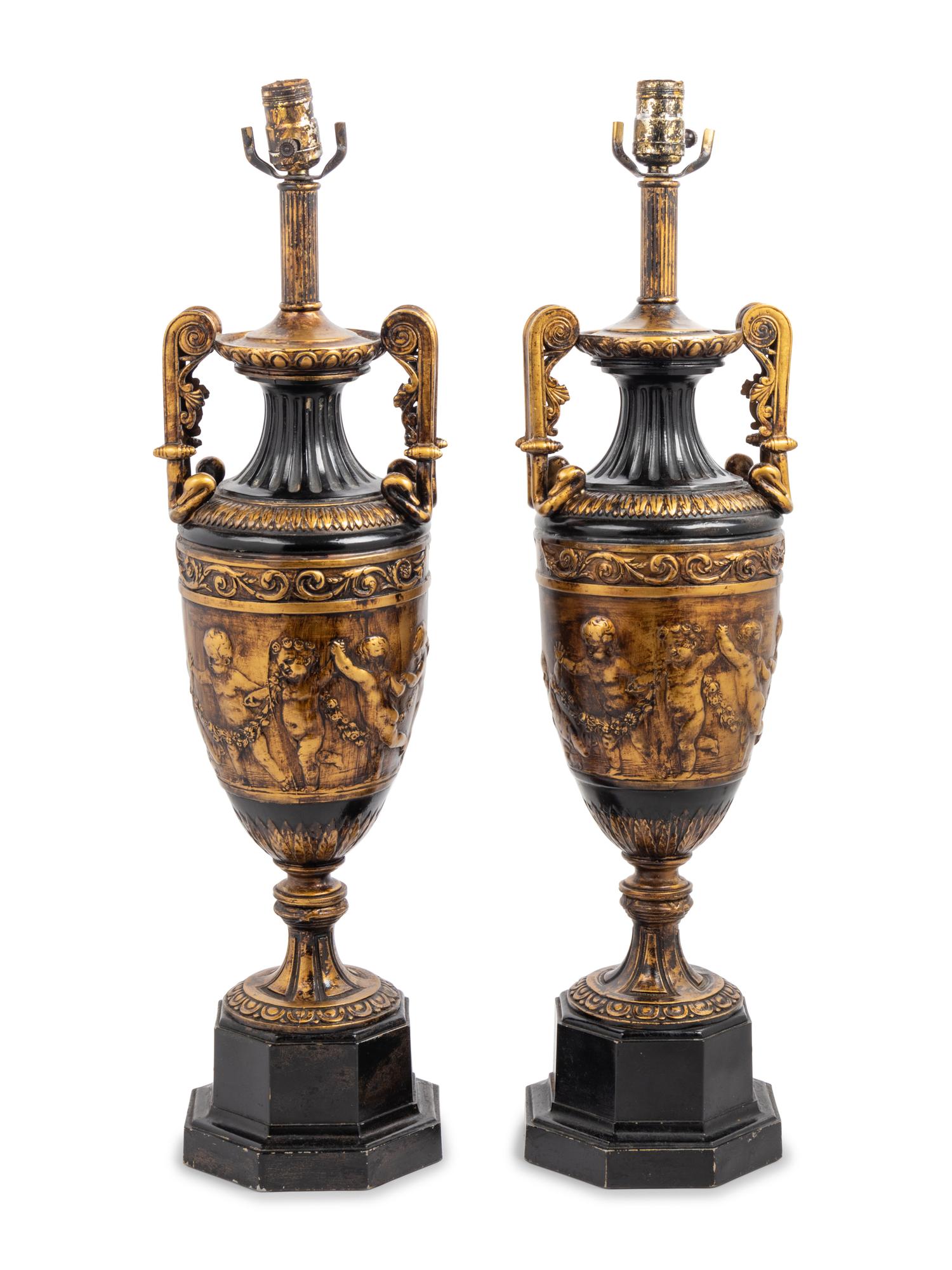 A Pair of Neoclassical Cast Metal Urn-Form Table Lamps