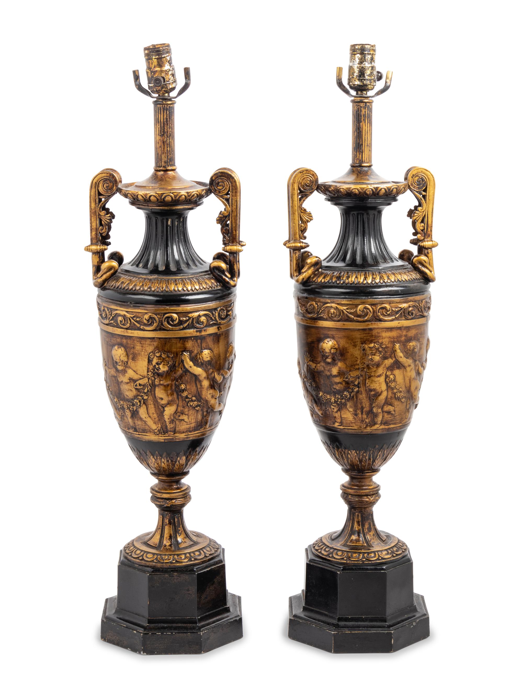 A Pair of Neoclassical Cast Metal Urn-Form Table Lamps