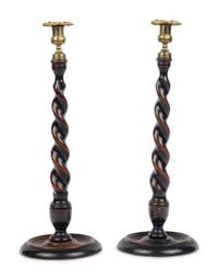 A Pair of Brass-Mounted Oak Barley Twist Candlesticks