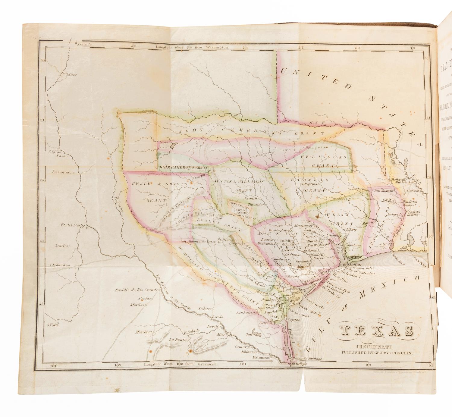 STIFF, Edward. The Texan Emigrant: Being a Narration of the Adventures of the Author in Texas, and a Description of the Soil, Climate, Productions, Minerals, Towns, Bays, Harbors, Rivers, Institutions, and Manners and Customs of the Inhabitants of that Country .... Cincinnati: George Conclin, 1840.