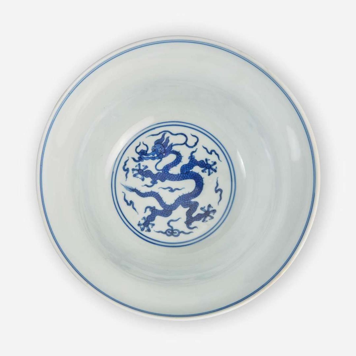 A Chinese blue and white porcelain "Dragons" ogee bowl 青花龙纹折腰盌 Qianlong six-character seal mark and of the period ????? ? ??