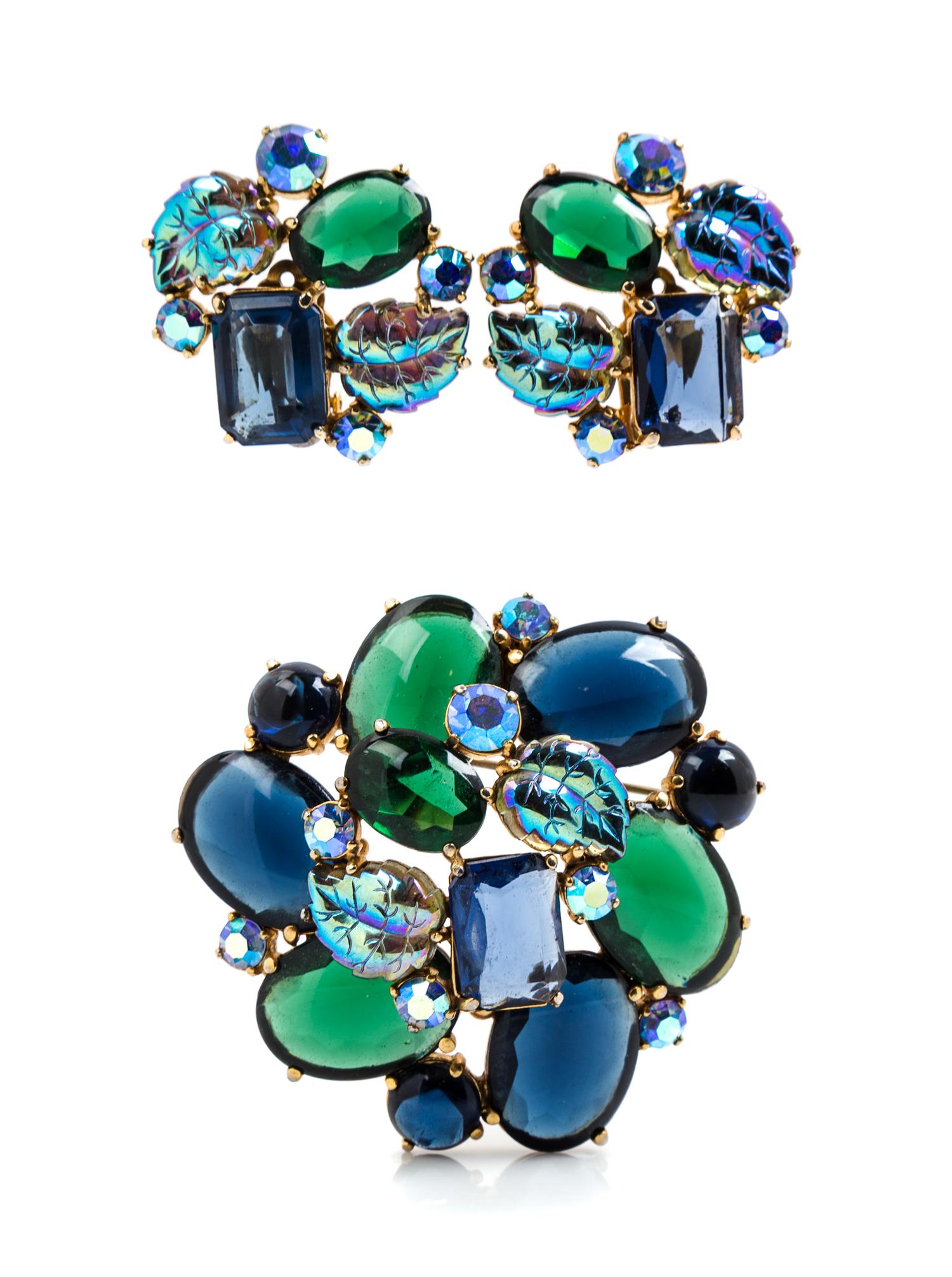 A Schiaparelli Demi Parure, Earclips: 1.5" diameter; Brooch: 3" diameter.