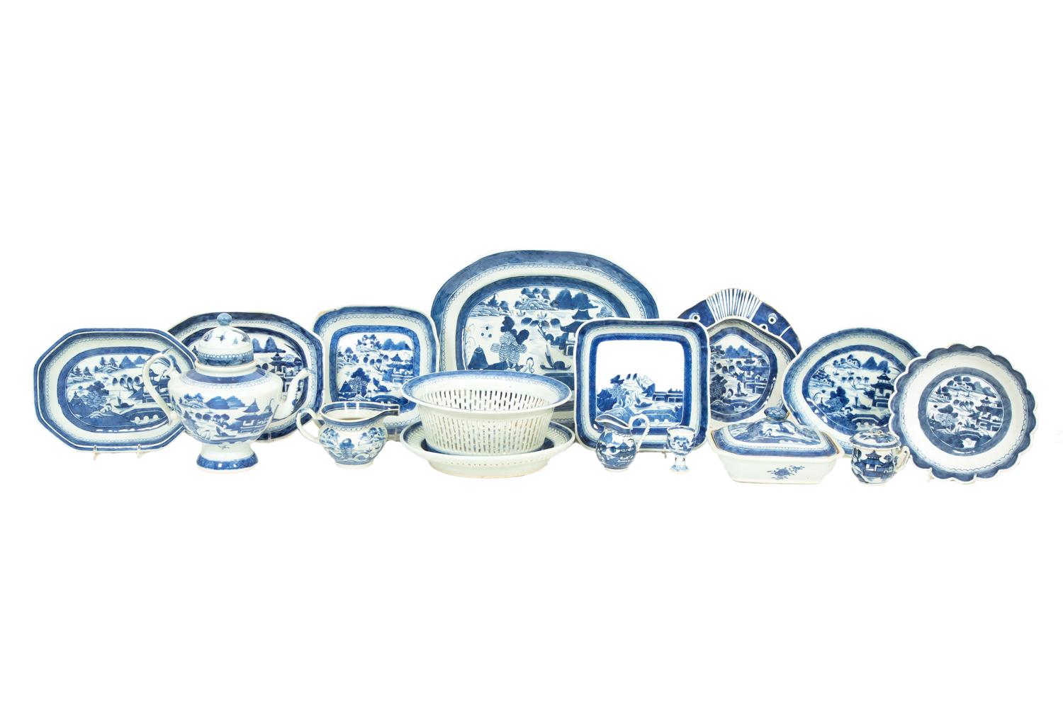 A Collection of Chinese Blue and White Canton Porcelain Table Articles