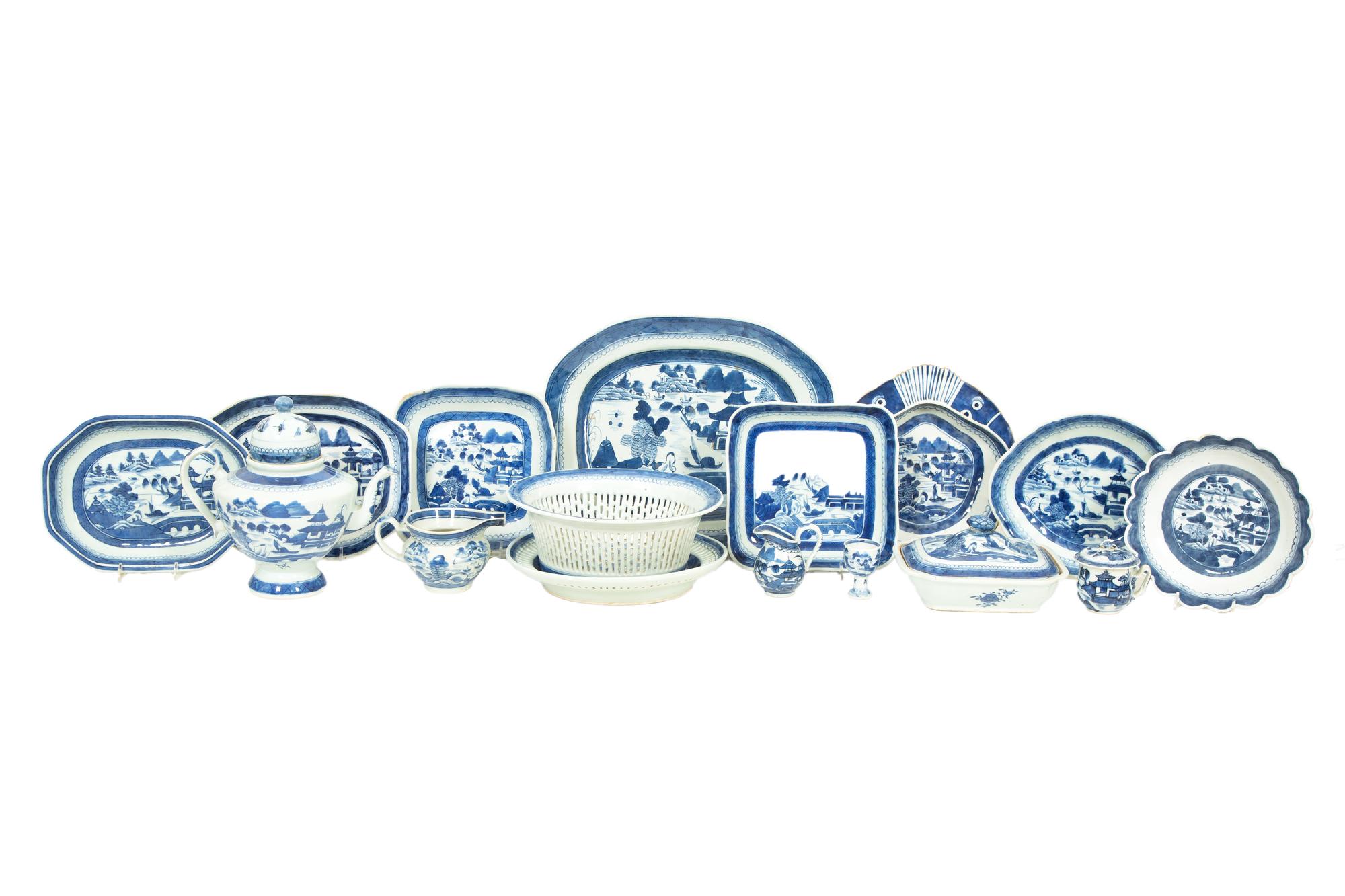 A Collection of Chinese Blue and White Canton Porcelain Table Articles