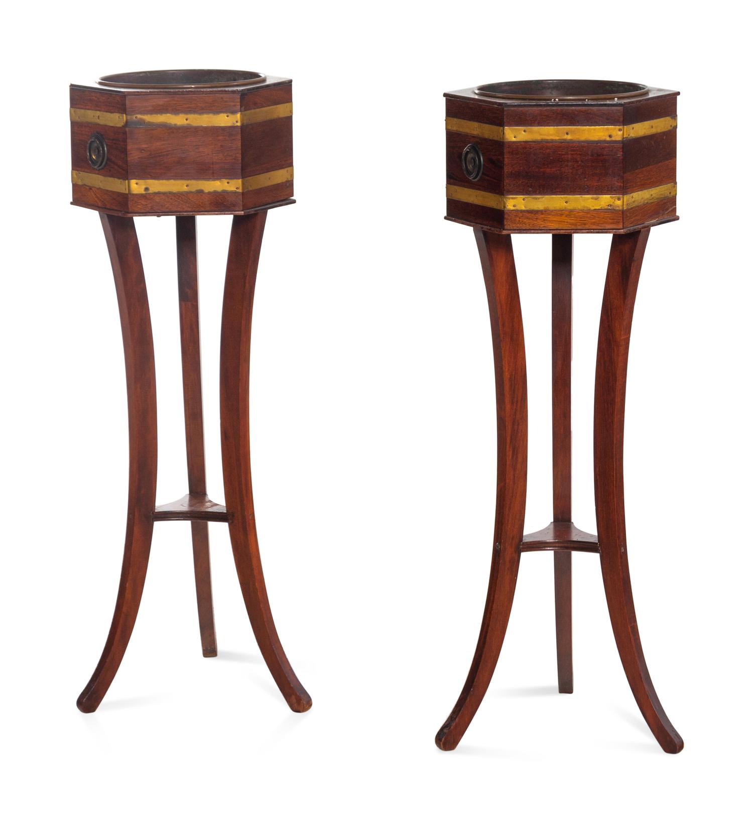 A Pair of Regency Brass Banded Mahogany Jardinière Stands