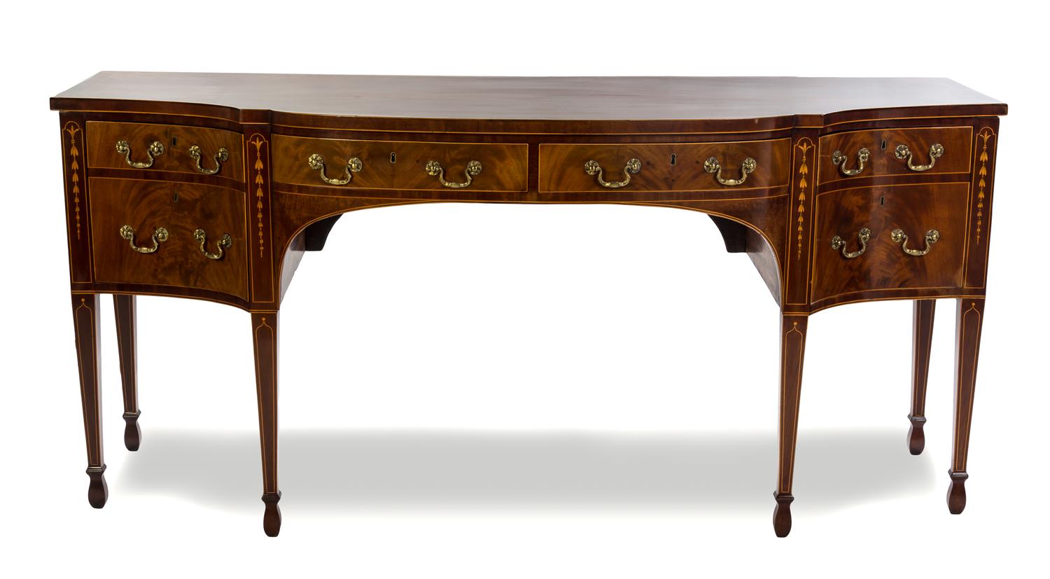 A George III Mahogany and Satinwood Inlaid Sideboard, LAST QUARTER 18TH CENTURY, Height 37 x width 81 x depth 31 1/4 inches. — LAST QUARTER 18TH CENTURY,