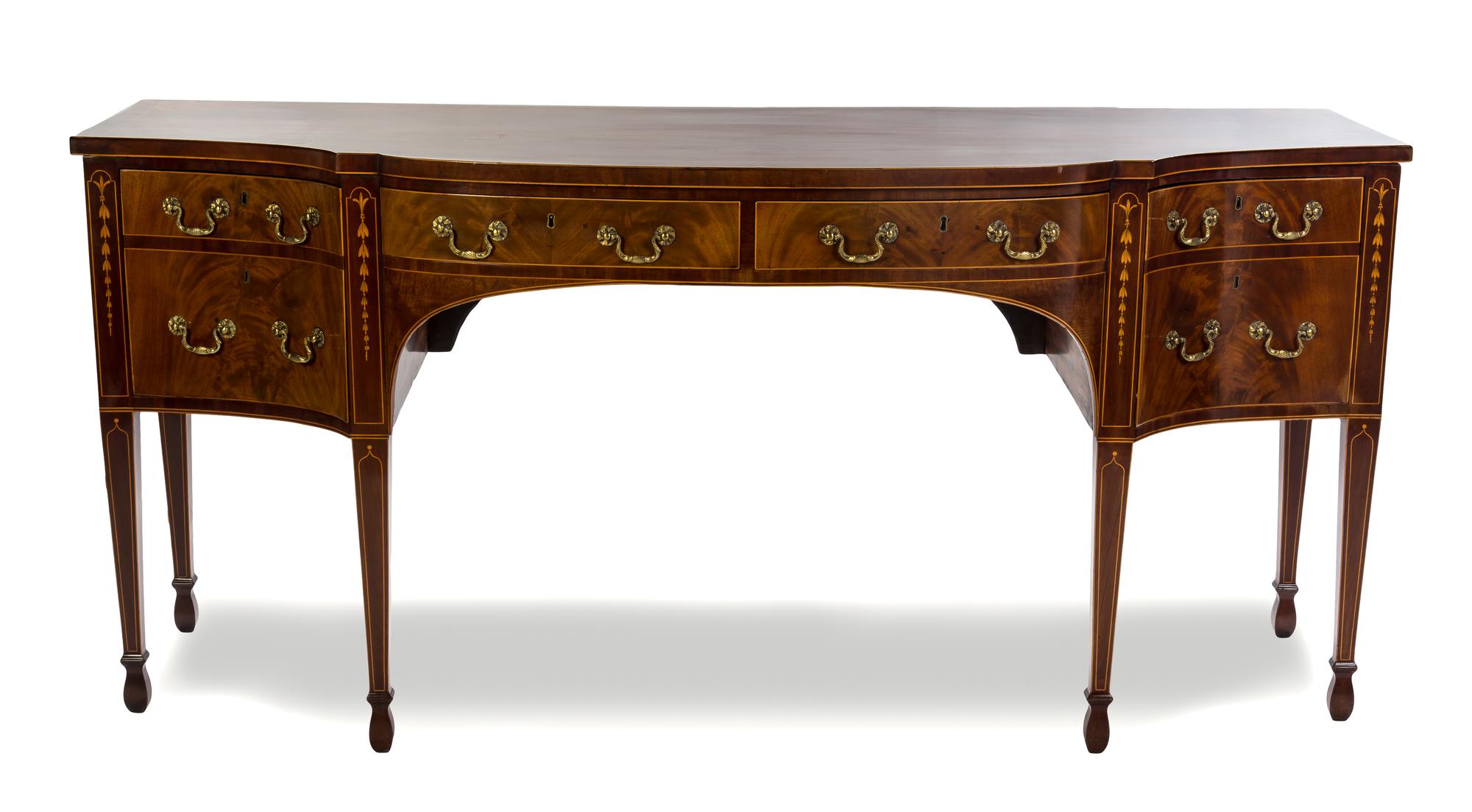 A George III Mahogany and Satinwood Inlaid Sideboard, LAST QUARTER 18TH CENTURY, Height 37 x width 81 x depth 31 1/4 inches. — LAST QUARTER 18TH CENTURY,