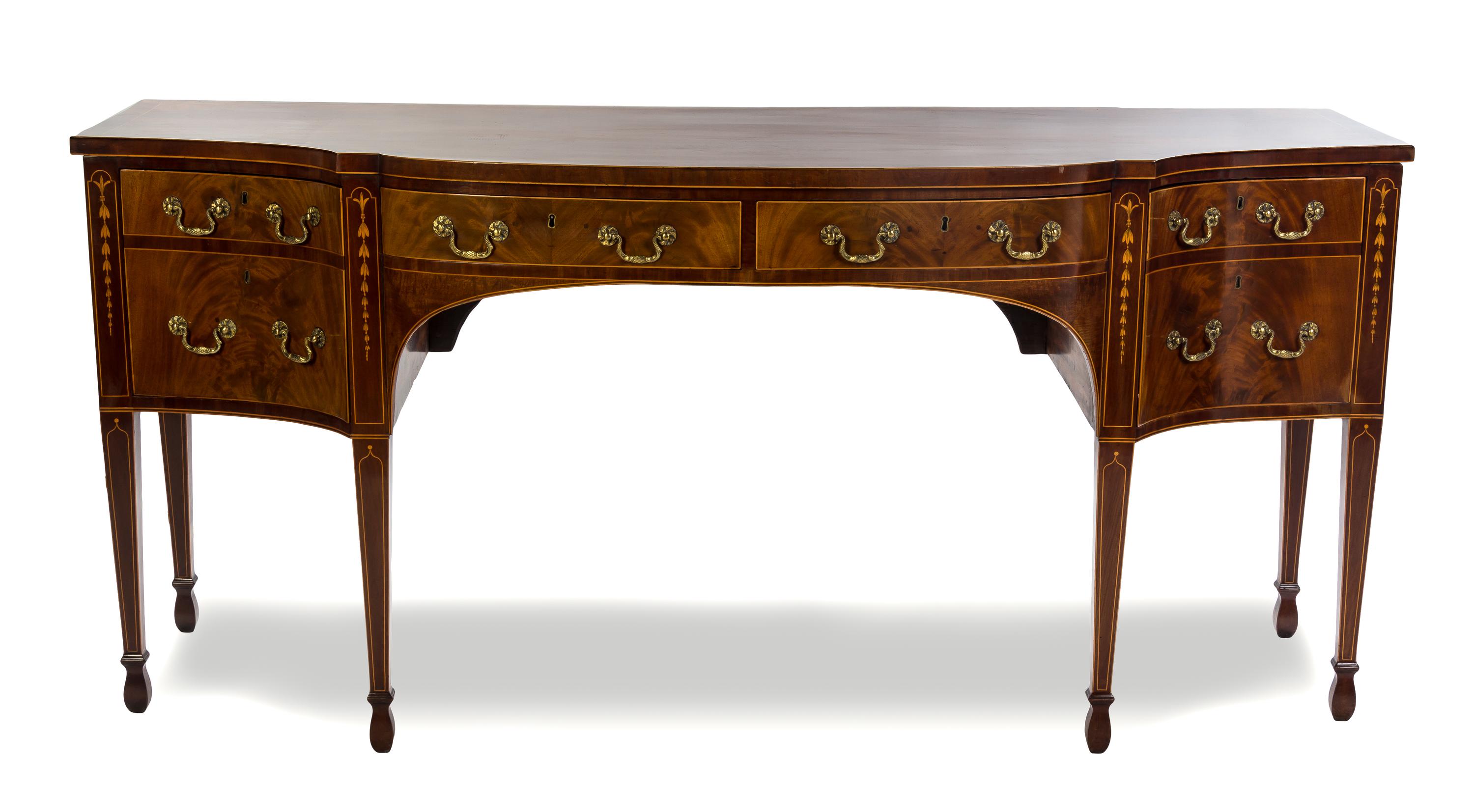 A George III Mahogany and Satinwood Inlaid Sideboard, LAST QUARTER 18TH CENTURY, Height 37 x width 81 x depth 31 1/4 inches. — LAST QUARTER 18TH CENTURY,