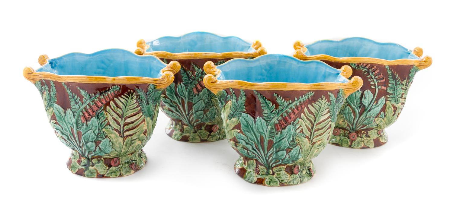 A Collection of Four Majolica Jardinieres Height of tallest 9 1/2 inches. — 20TH CENTURY