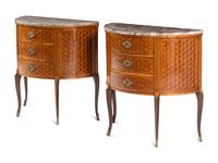 A Pair of Louis XV/XVI Transitional Style Parquetry Marble-Top Demilune Commodes