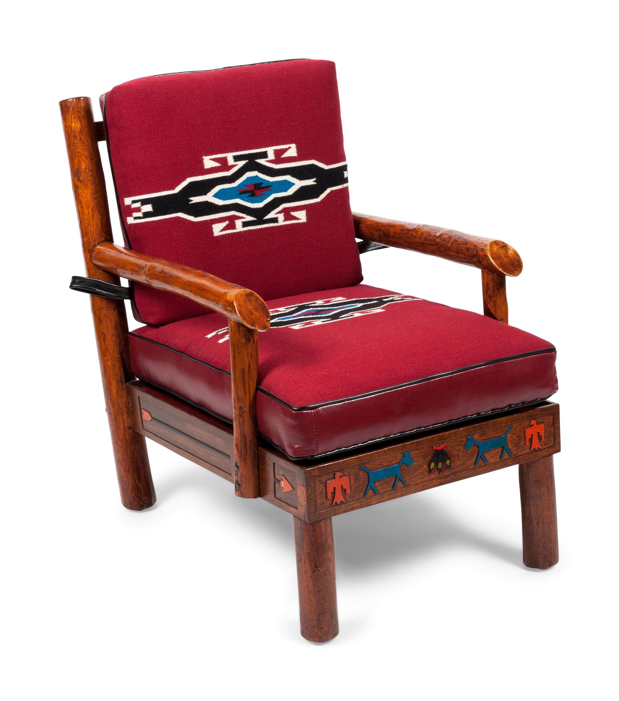 Hand peeled fir side chair with routed skirt and polychrome animal, eagle feather and arrow designs upholstered with Chimayo weaving