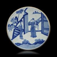 A Chinese Blue and White Porcelain Circular Plaque, Kangxi Period 清康熙 青花人物圖瓷板