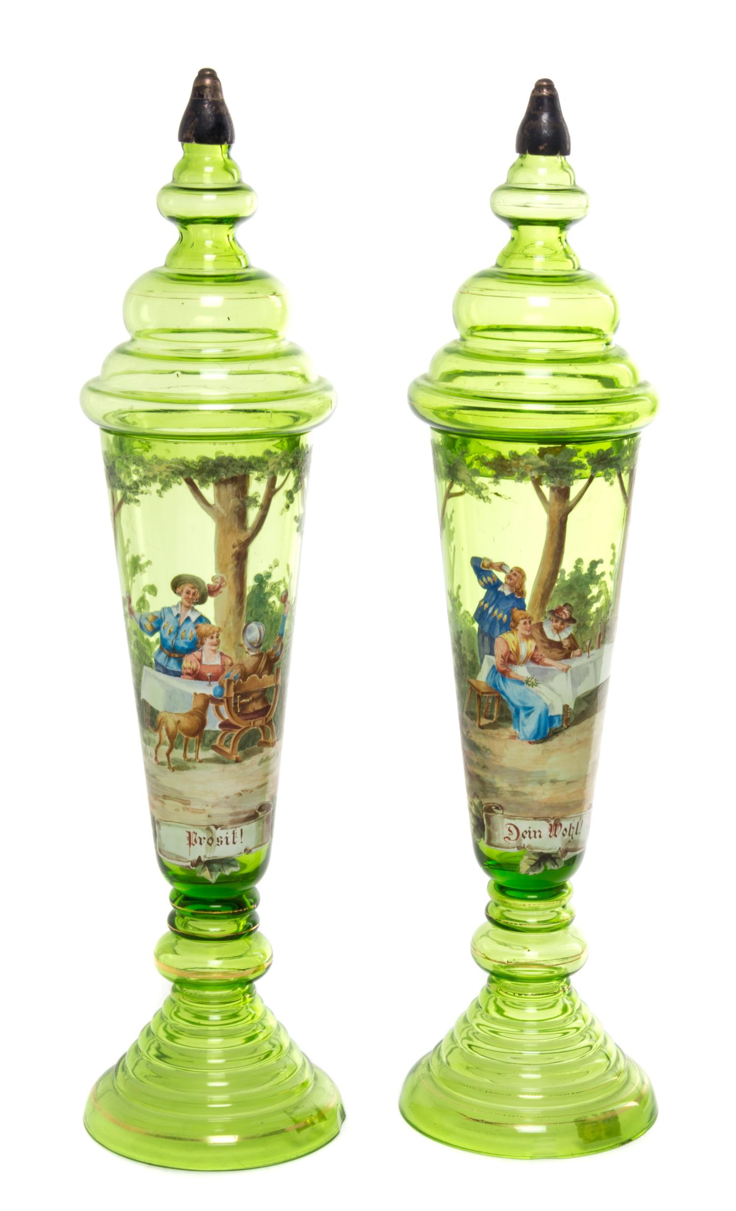 A Pair of Continental Enameled Glass Pokals Height 17 7/8 inches. — 19TH/20TH CENTURY
