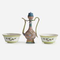 A Chinese enameled copper ewer and a pair of enameled porcelain bowls Qing dynasty