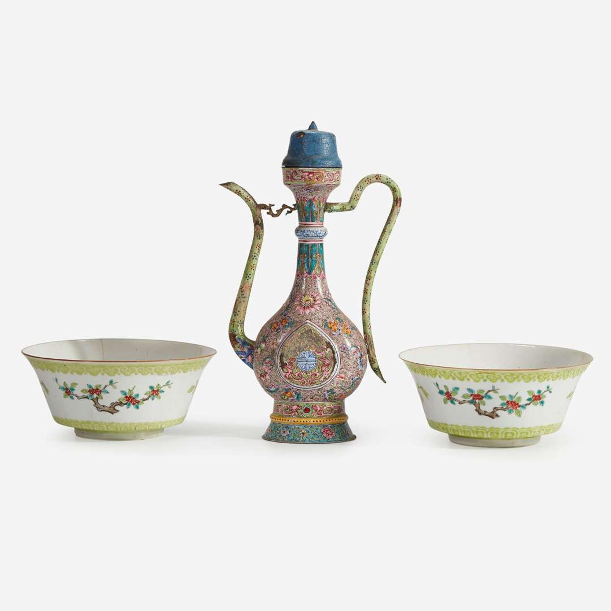 A Chinese enameled copper ewer and a pair of enameled porcelain bowls Qing dynasty