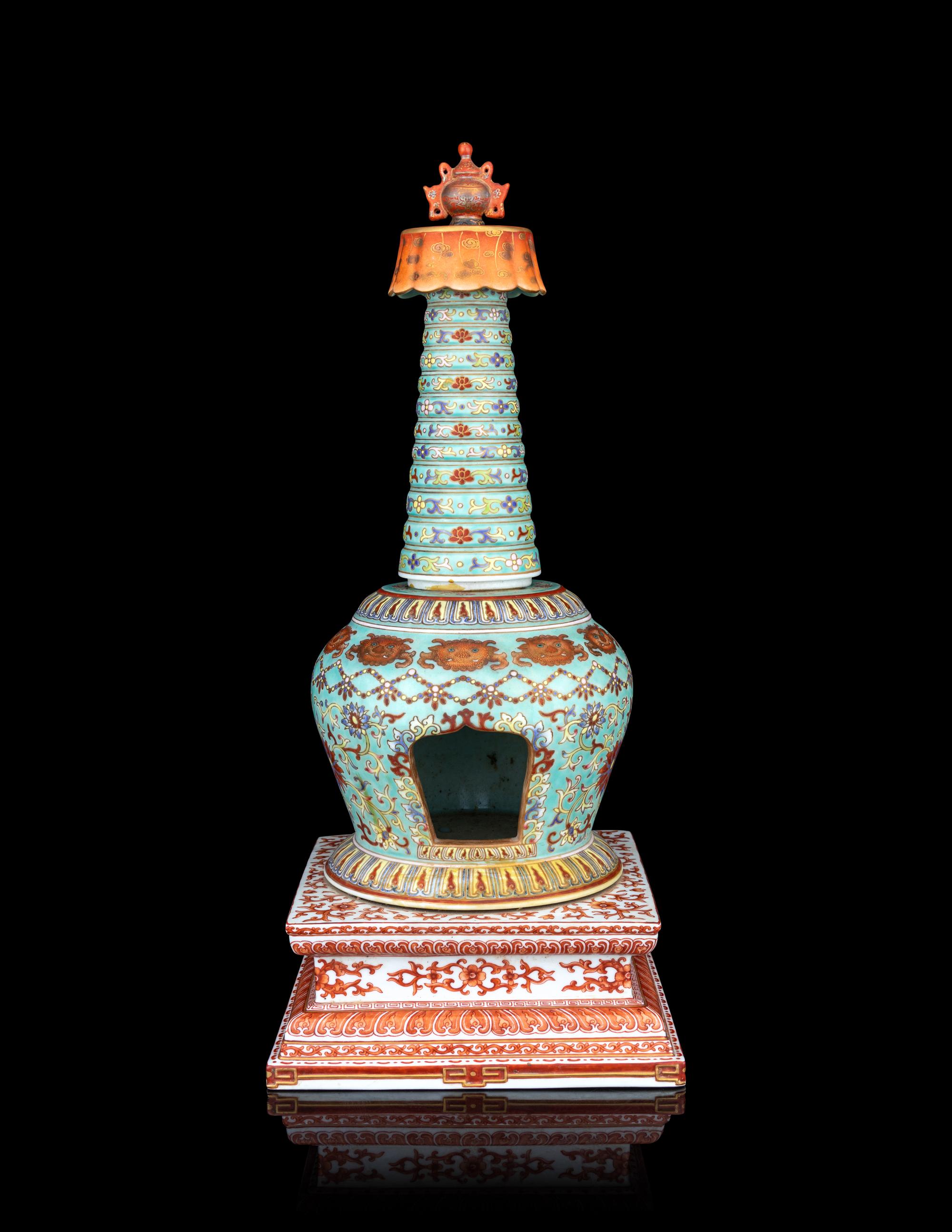 A Turquoise Glazed Famille Rose Porcelain Pagoda