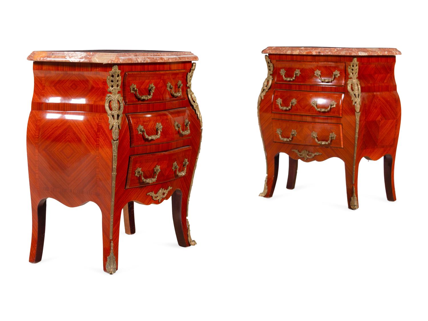A Pair of Louis XV Style Gilt Metal Mounted Marble-Top Small Commodes